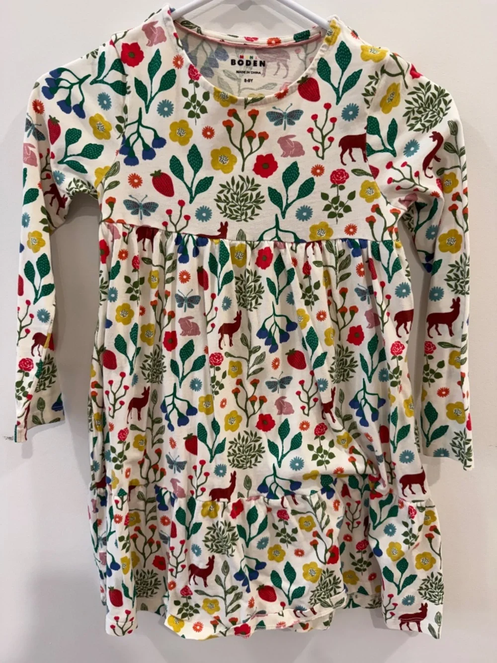 Mini Boden - Ivory Woodland Walk Ariel Long Sleeve Twirly Dress, Size 8-9y